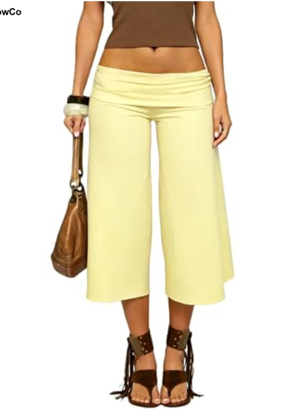 Women's Low Rise Fold Over Wide Leg Capri Pants Flow Y2K Gaucho Yoga Lounge